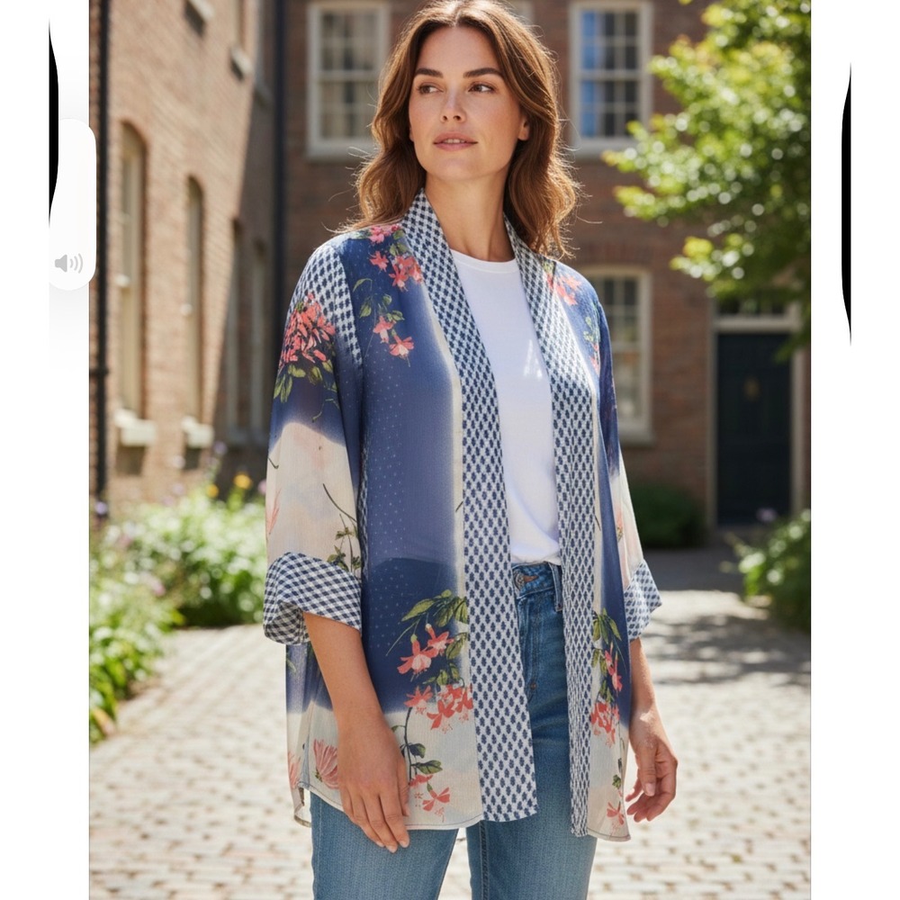 Multiples Womens Blue Floral Kimono Open Front Cardigan PM‎ Petite Medium Mixed